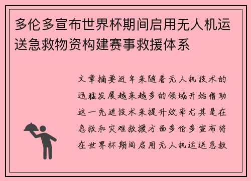 多伦多宣布世界杯期间启用无人机运送急救物资构建赛事救援体系